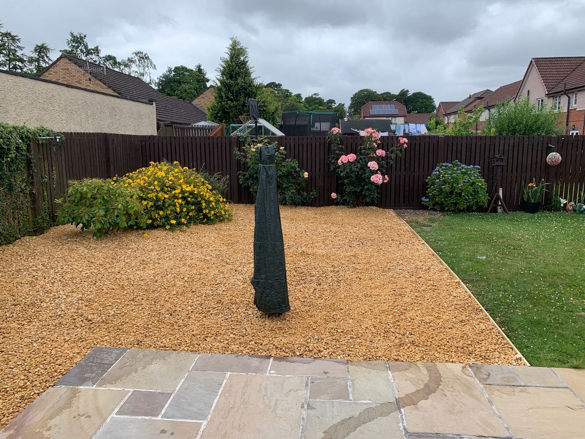 Low-maintenance gravel and lawn garden completed by Ardilla Landscapes